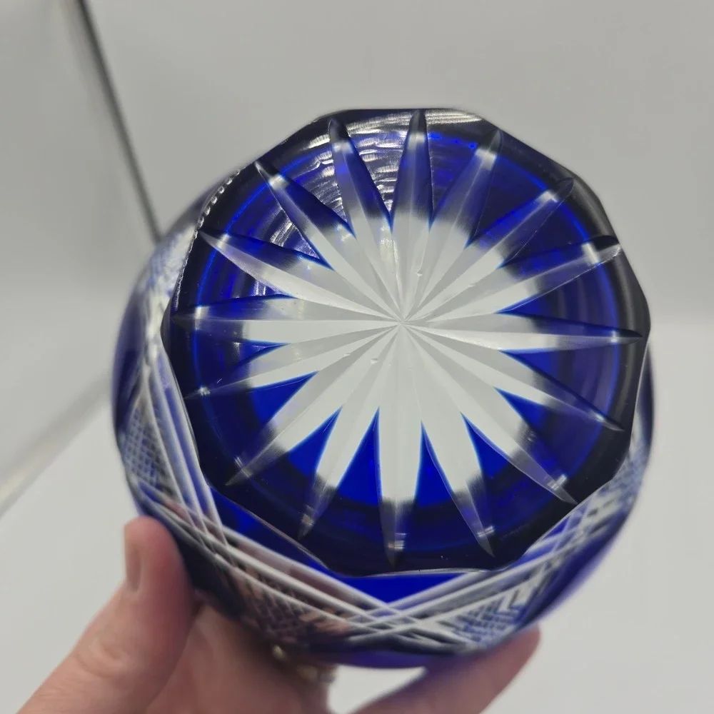 Bohemian Cobalt Blue Cut to Clear Crystal Footed Bowl Czech Candy Dish Starburst